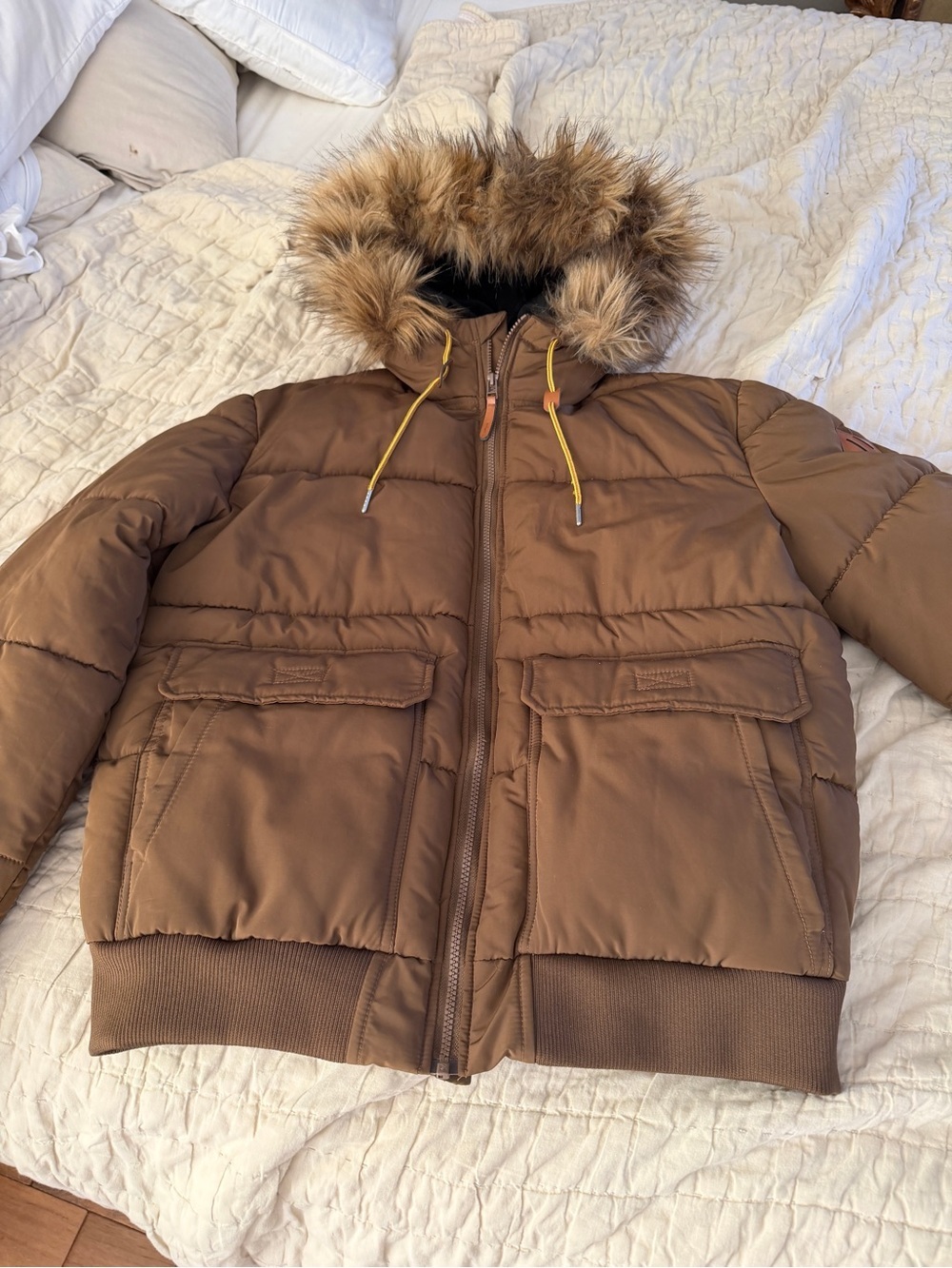 H&M Men's Tan Brown Puffer Jacket with Faux Fur Hood